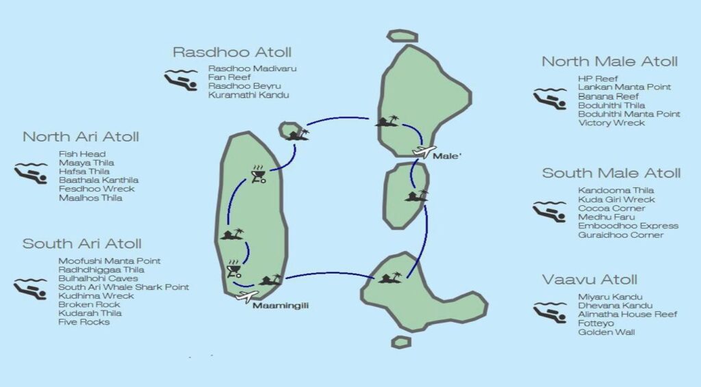 mapa okružní plavby pro potápěče na Maledivách