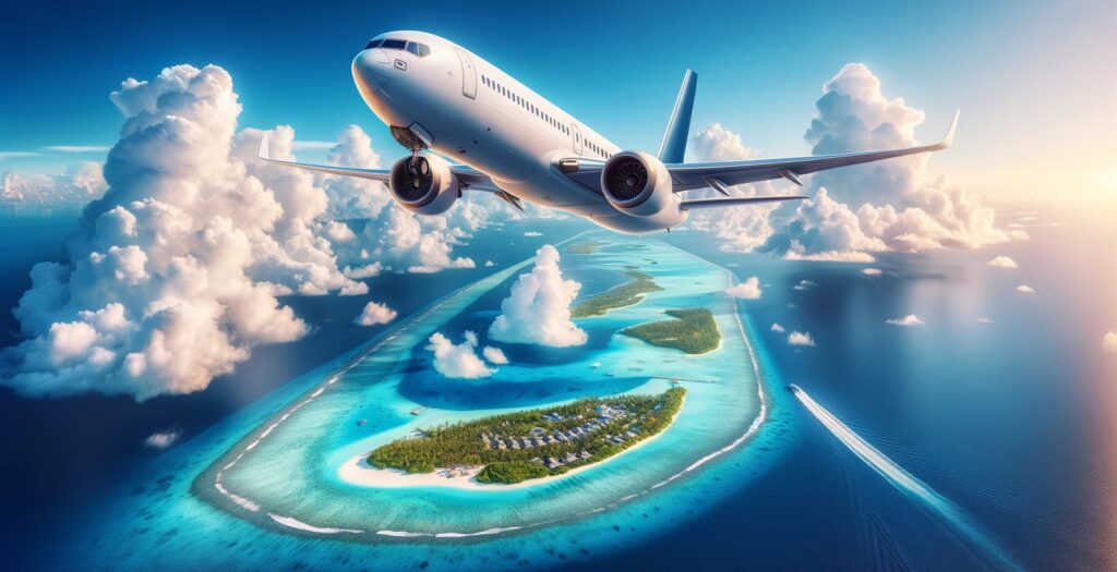 letadlo startuje z Malediv